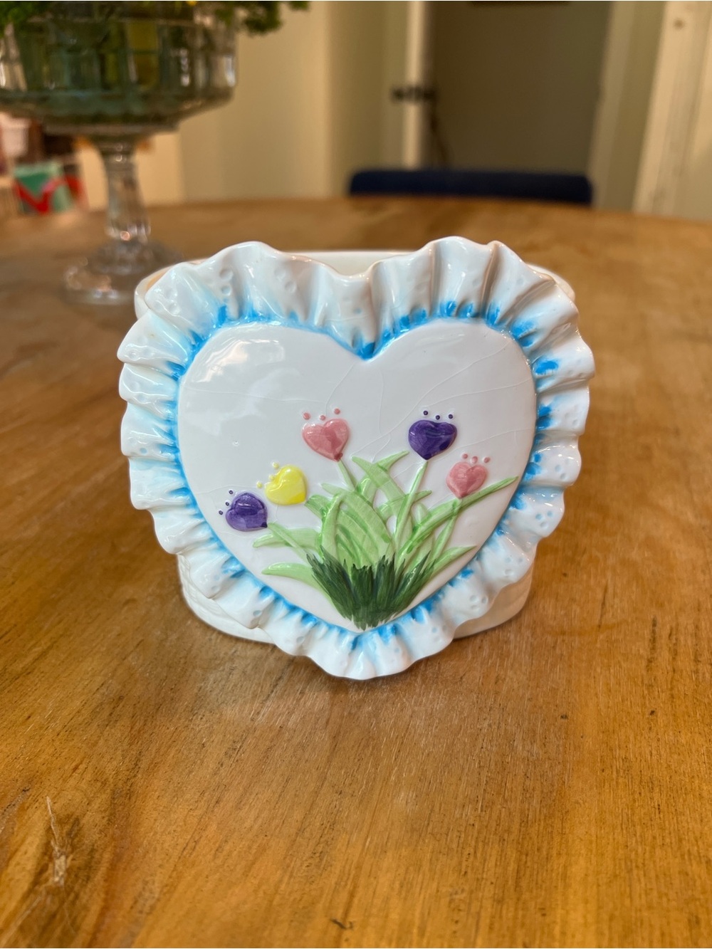 Hand-Painted Vintage Ceramic Heart Vase with Blue Trim